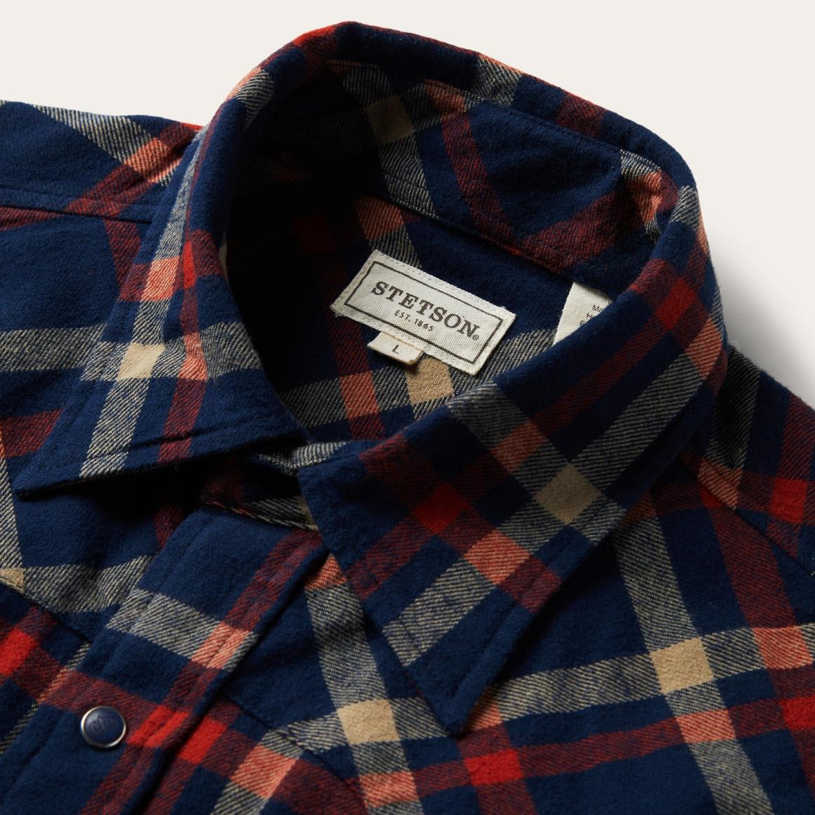 Brushed Twill Plaid Shirt Blue | Men Stetson Western Shirts