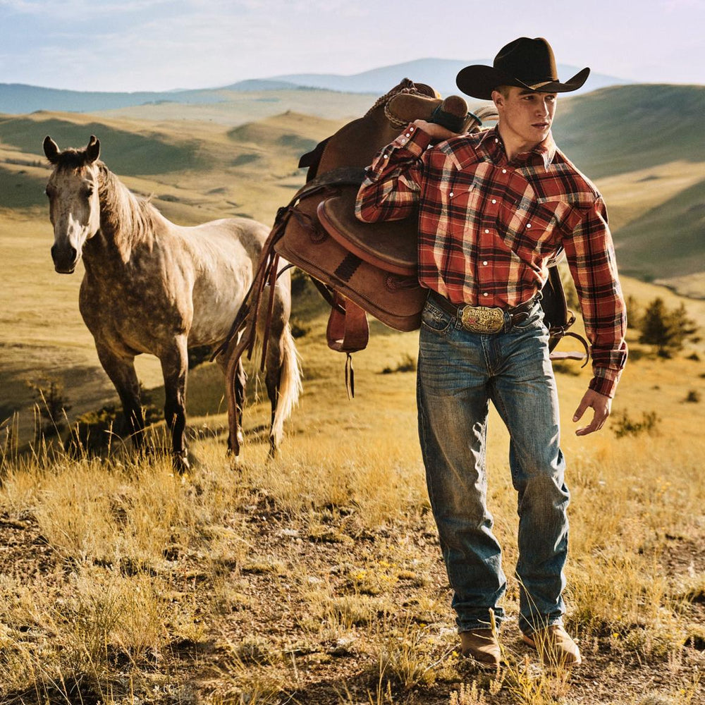 Brushed Twill Plaid Shirt Orange | Men Stetson Classic Cut