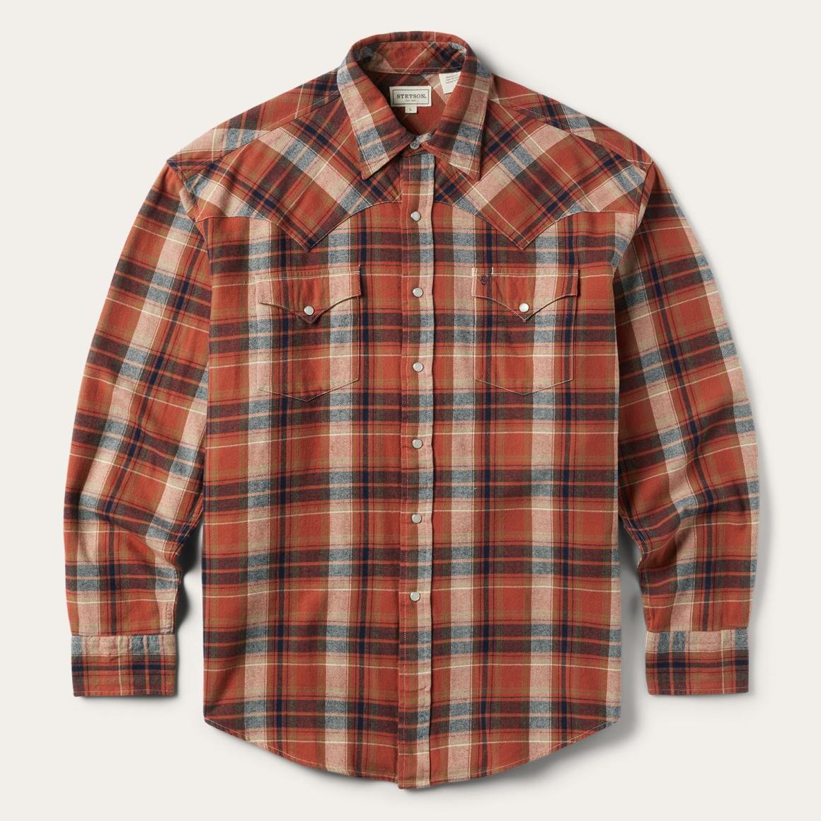 Brushed Twill Plaid Shirt Orange | Men Stetson Flannel Shirts