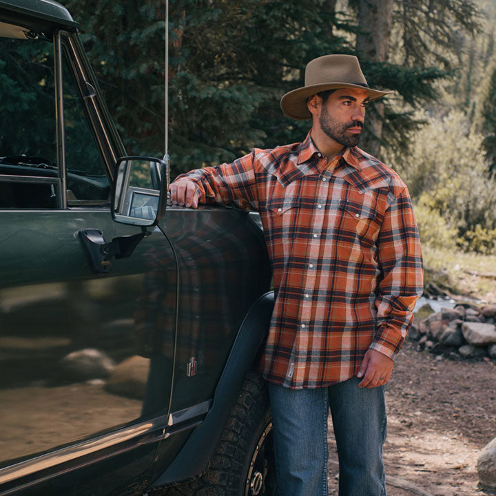 Brushed Twill Plaid Shirt Orange | Men Stetson Flannel Shirts