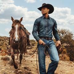 Dark Denim Western Shirt Blue | Men Stetson Denim Shirts