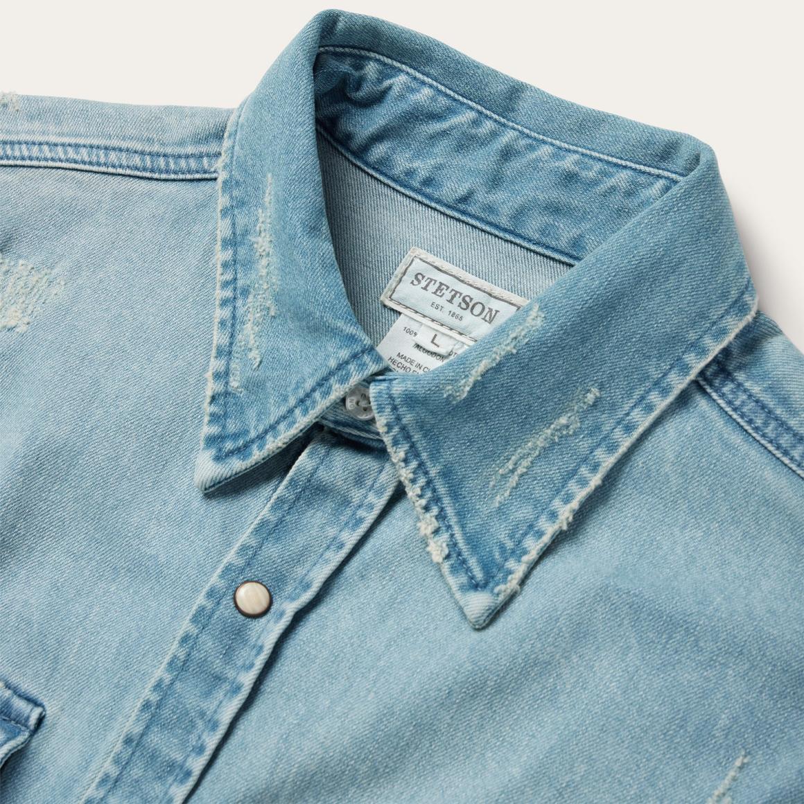 Distressed Denim Western Shirt Blue | Men Stetson Denim Shirts