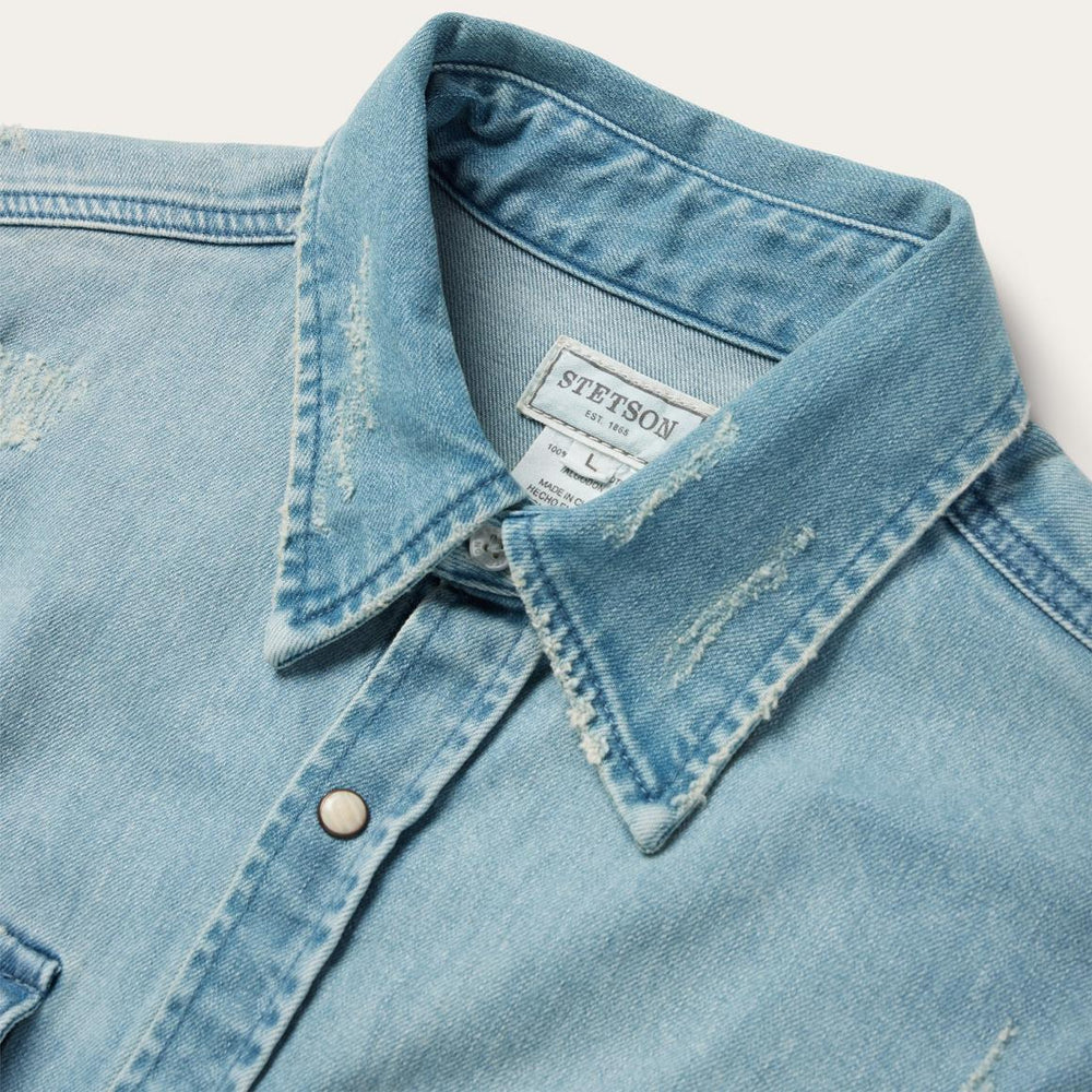 Distressed Denim Western Shirt Blue | Men Stetson Denim Shirts