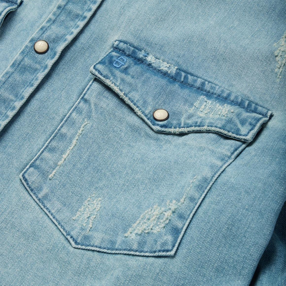 Distressed Denim Western Shirt Blue | Men Stetson Denim Shirts