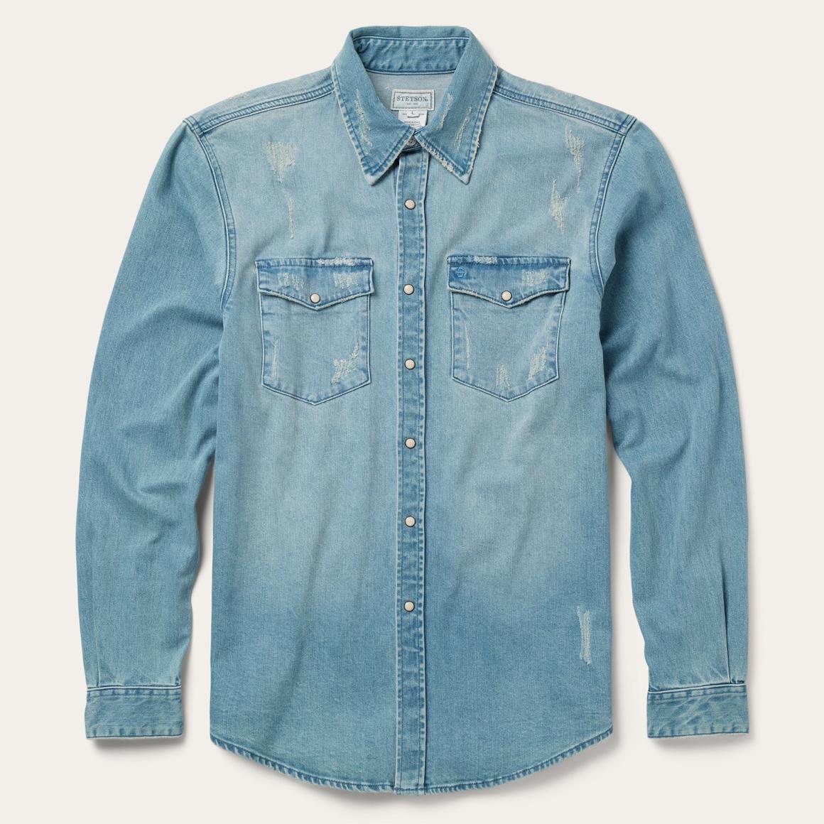 Distressed Denim Western Shirt Blue | Men Stetson Modern Cut