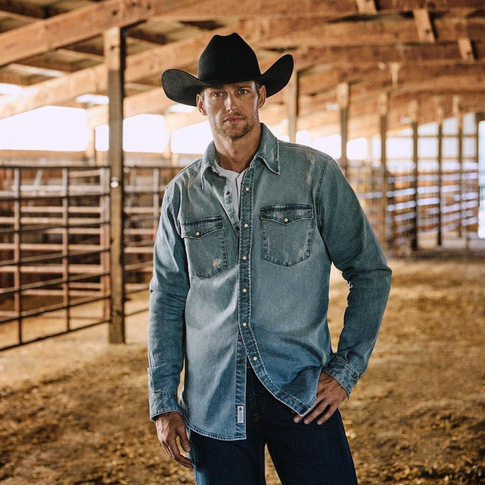 Distressed Denim Western Shirt Blue | Men Stetson Modern Cut