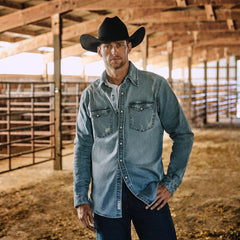 Distressed Denim Western Shirt Blue | Men Stetson Modern Cut