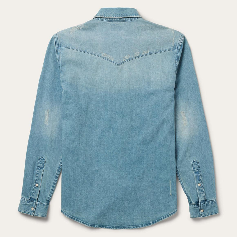 Distressed Denim Western Shirt Blue | Men Stetson Western Shirts