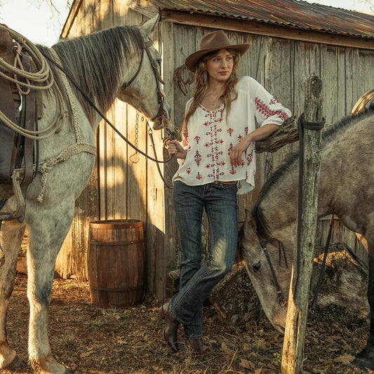 Dobby Peasant Blouse White | Women Stetson Blouses