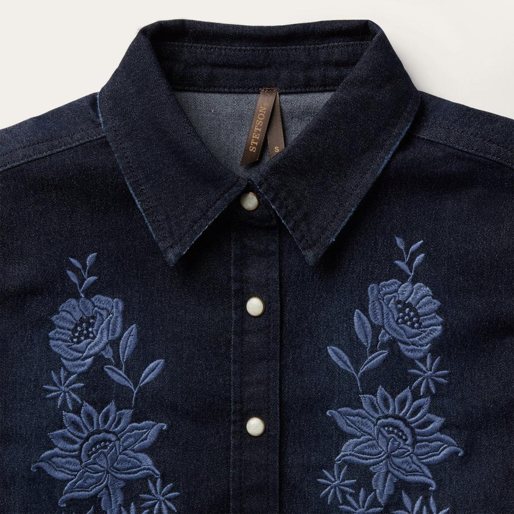 Embroidered Dark Denim Snap Front Shirt Blue | Women Stetson Denim Shirts