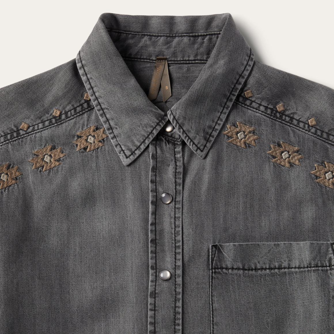 Embroidered Snap Front Shirt Dress Black | Women Stetson Mini