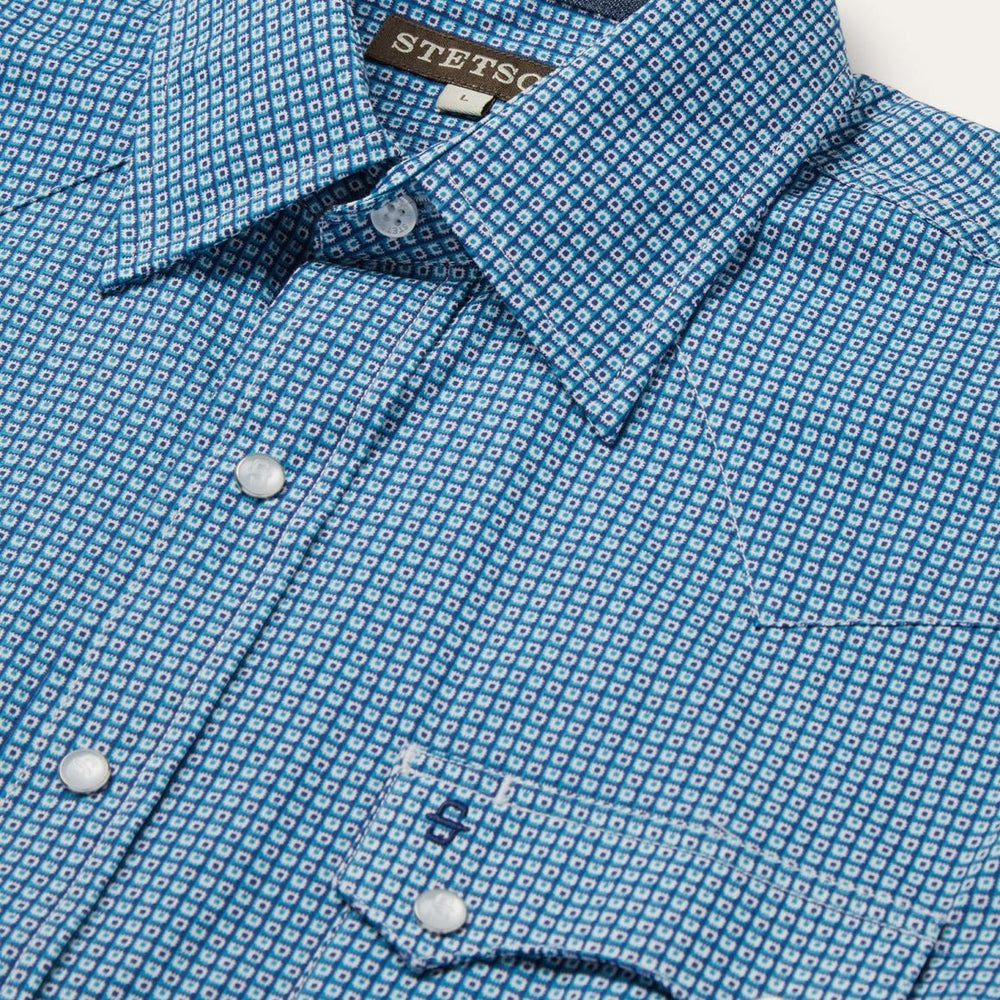 Micro Print Western Shirt Blue | Men Stetson Western Shirts