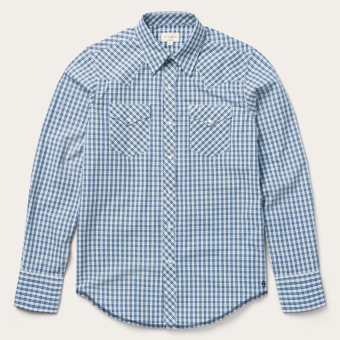 Modern Snap Front Shirt In Mini Check Blue | Men Stetson Western Shirts