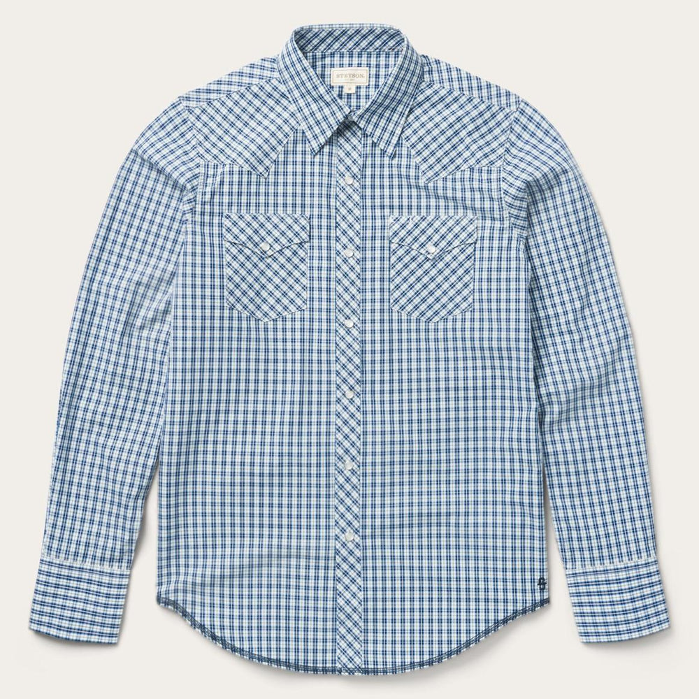 Modern Snap Front Shirt In Mini Check Blue | Men Stetson Western Shirts