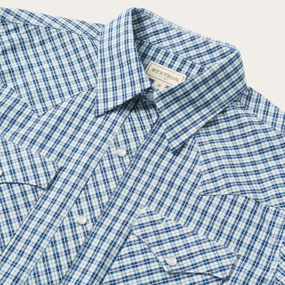 Modern Snap Front Shirt In Mini Check Blue | Men Stetson Western Shirts