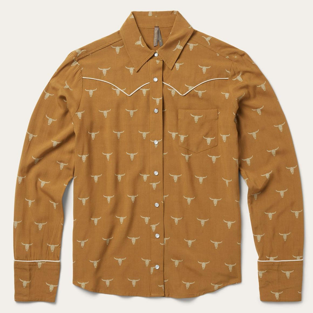 Mojave Longhorn Print Snap Western Shirt Brown | Women Stetson Western Shirts