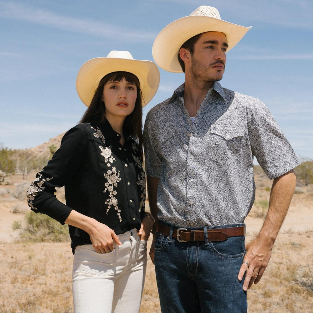 Navy Print Short Sleeve Western Shirt Blue | Men Stetson Western Shirts