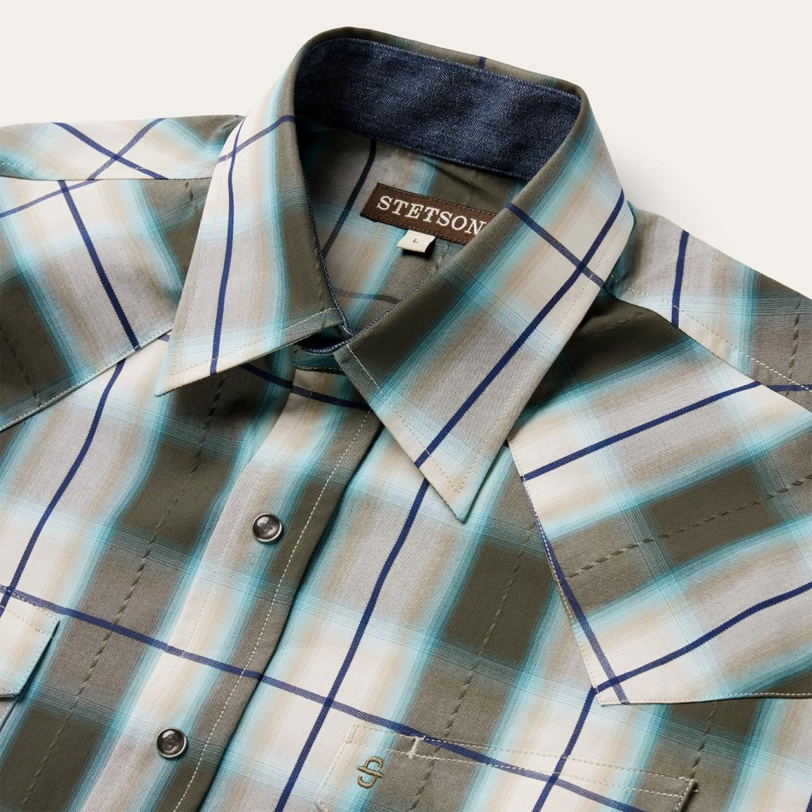 Olive Ombre Plaid Western Shirt Green | Men Stetson Classic Cut