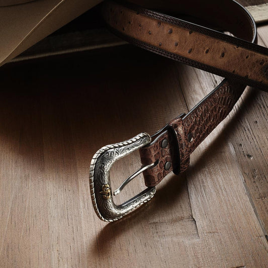 Ostrich Print Croco Embossed Western Tabs Belt Cognac/california Nut | Men Stetson Belts