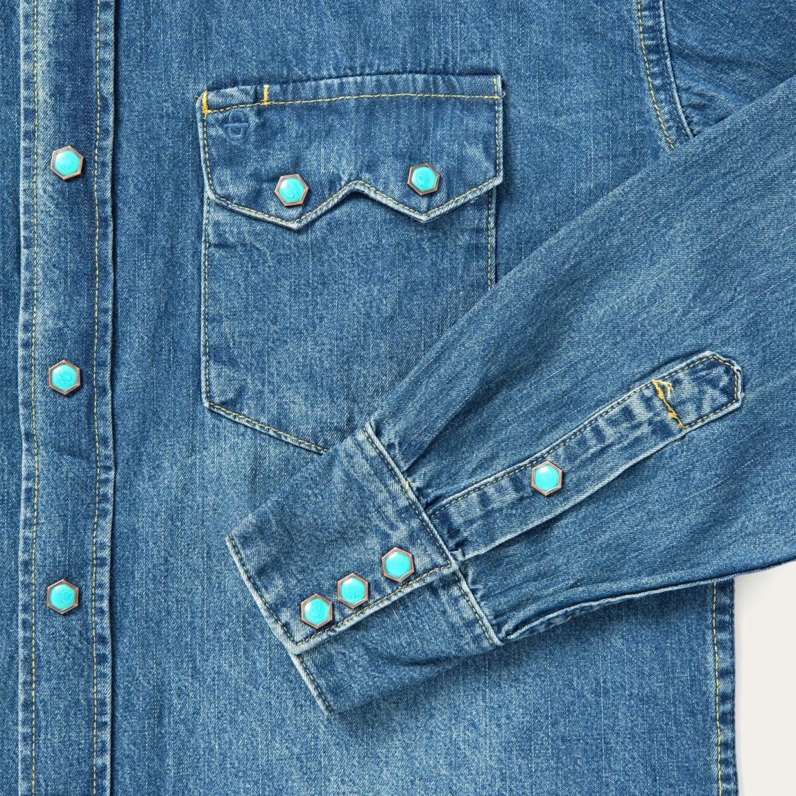 Turquoise Snap Western Denim Shirt Blue | Men Stetson Denim Shirts