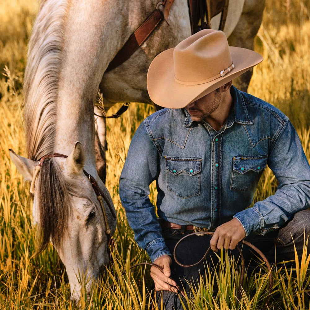 Turquoise Snap Western Denim Shirt Blue | Men Stetson Denim Shirts