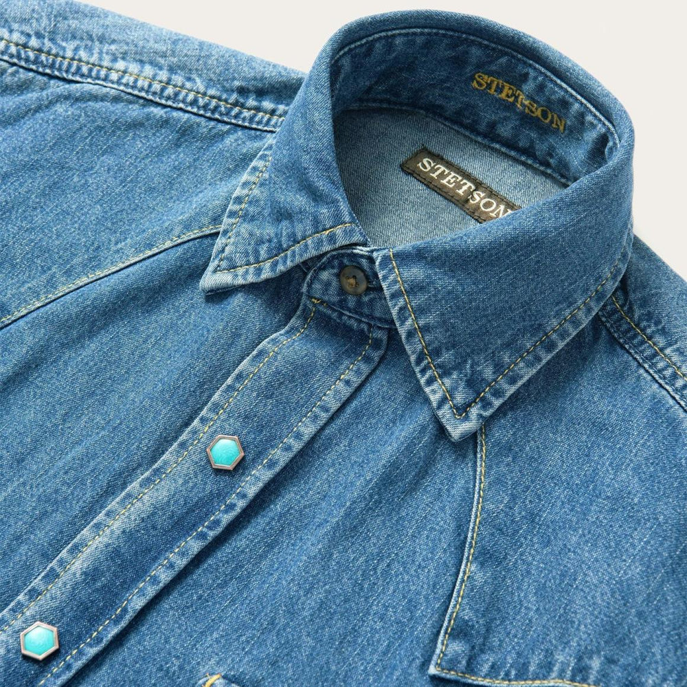 Turquoise Snap Western Denim Shirt Blue | Men Stetson Western Shirts