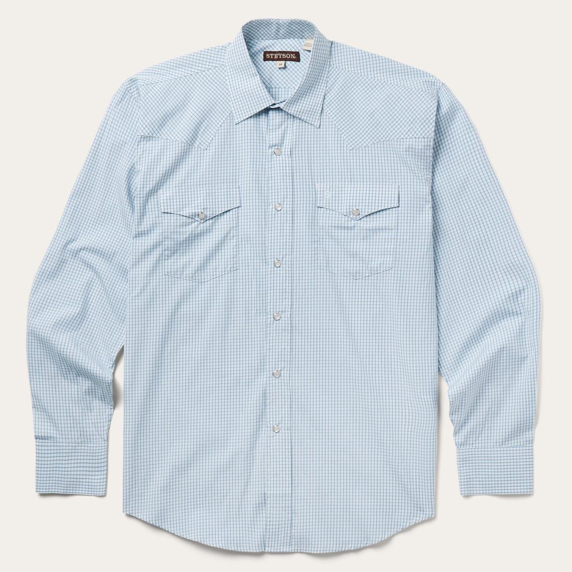 Two Stripe Check Western Shirt Blue | Men Stetson Classic Cut