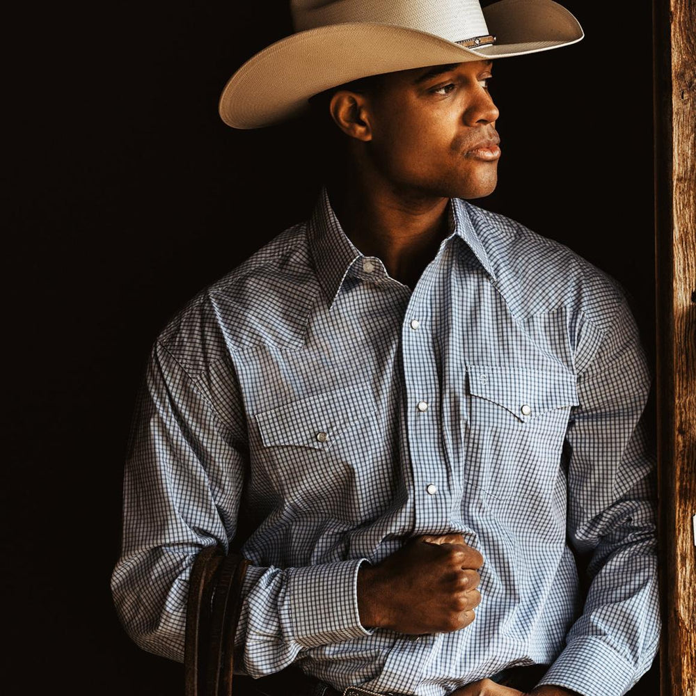 Two Stripe Check Western Shirt Blue | Men Stetson Classic Cut